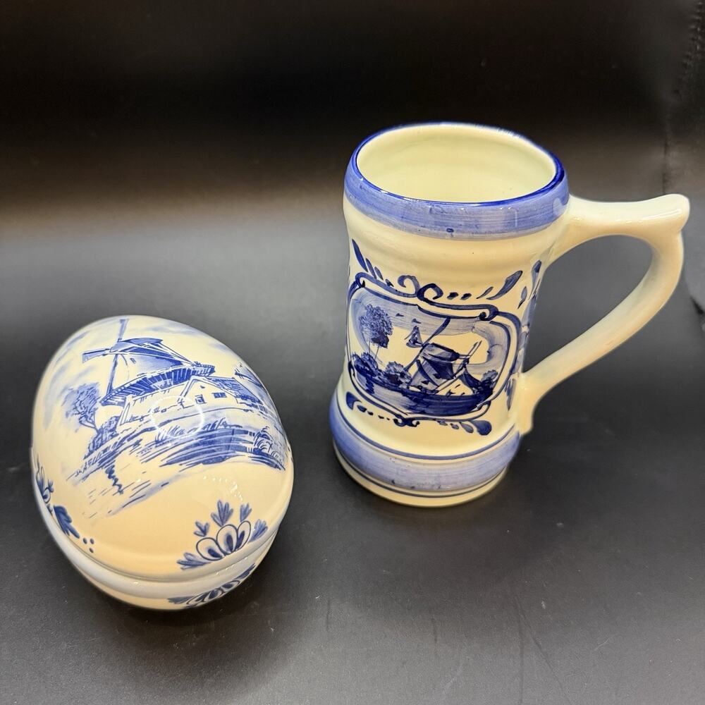Vintage Delft Blue Holland Windmill Mug & Trinket Box Set Hand Painted